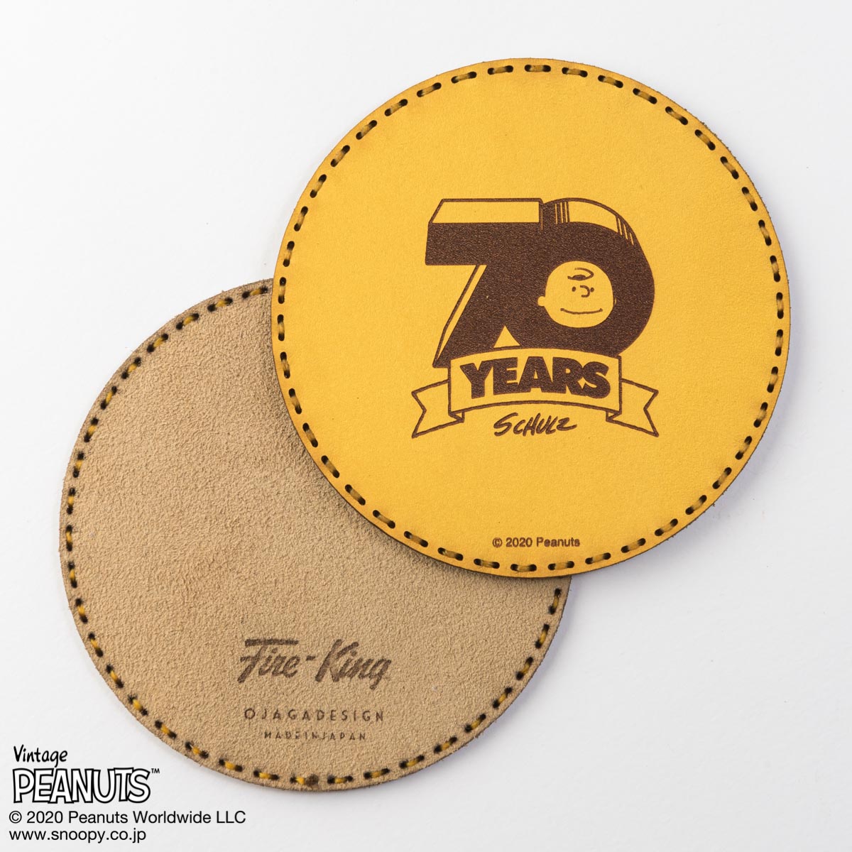 Fire-King レザーコースター Peanuts [70 YEARS] イエロー by OJAGA DESIGN